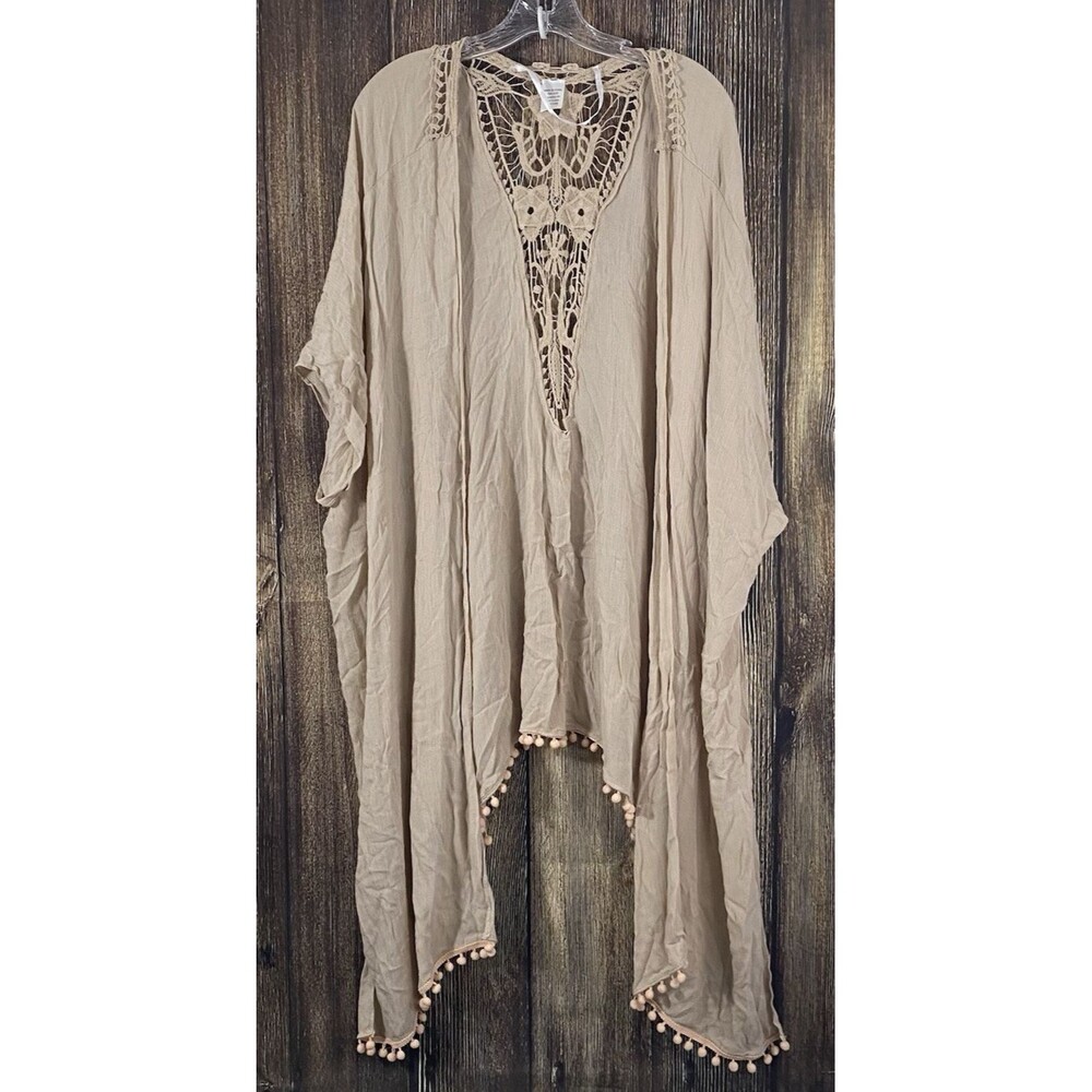 Womens Open Front Boho Kimono One Size Beige Pompom Fringe High Low Rayon